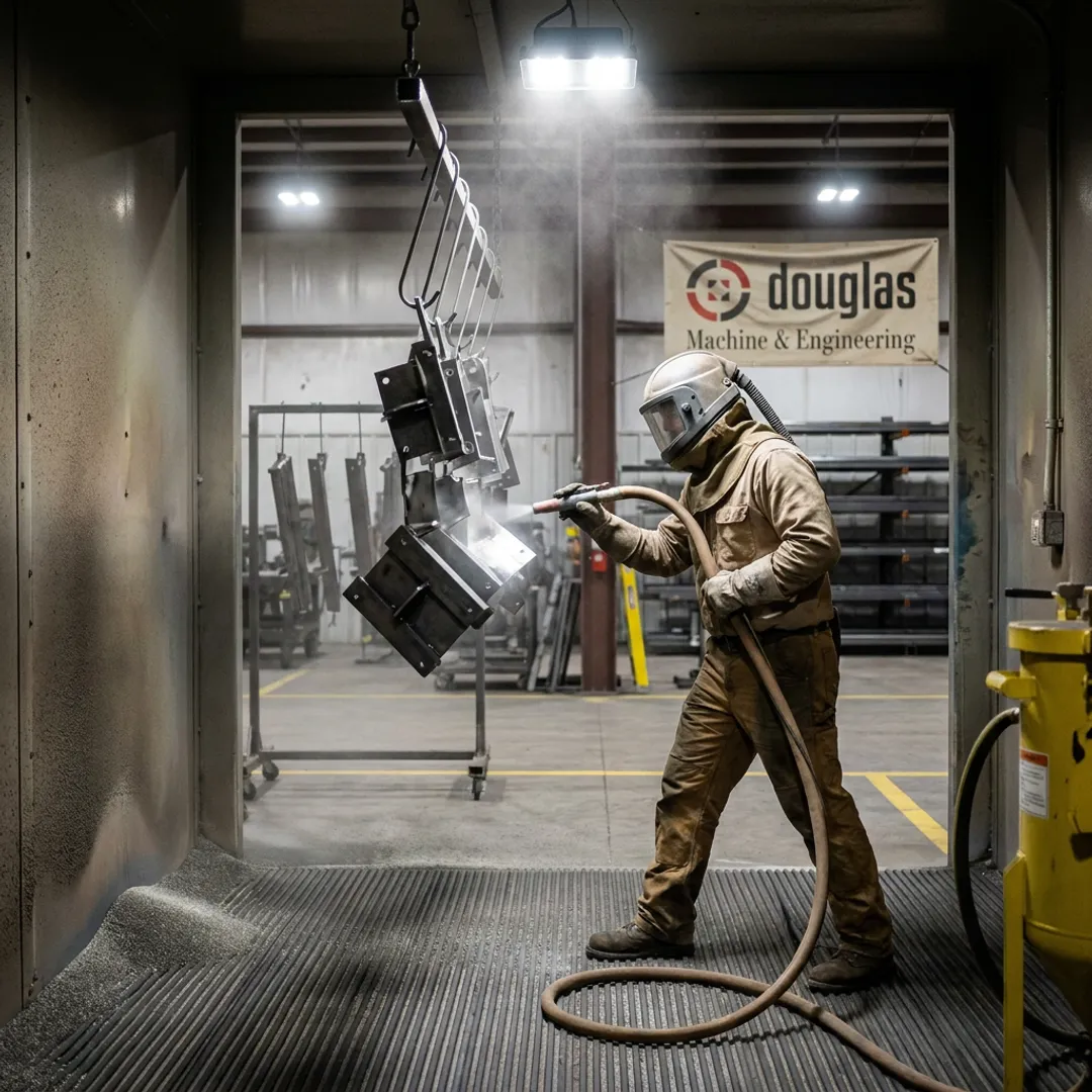 Technician preparing metal parts for powder coating