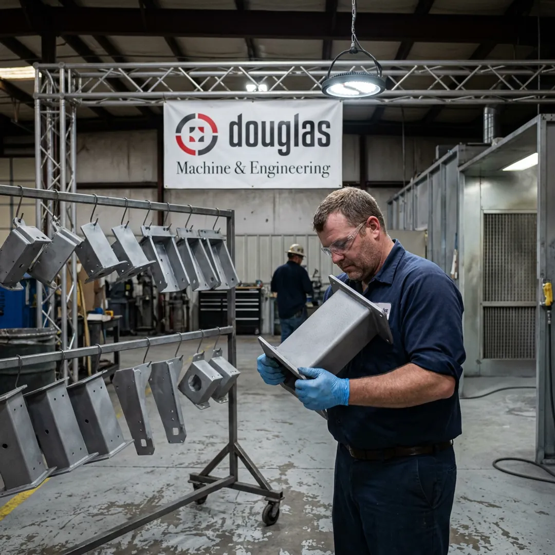 Technician inspecting prepared parts before coating