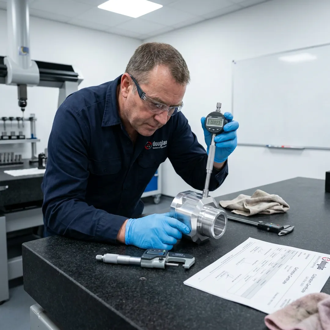 Machinist inspecting a close tolerance component
