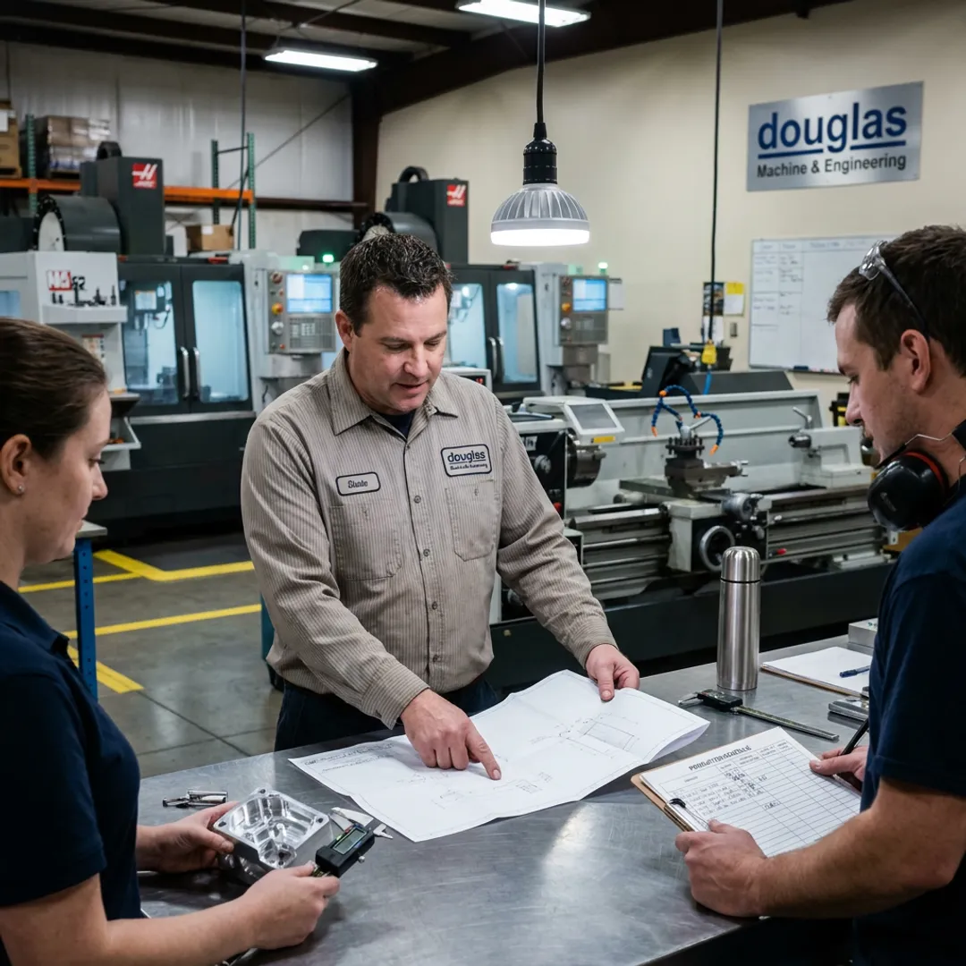 CNC production team reviewing machined parts