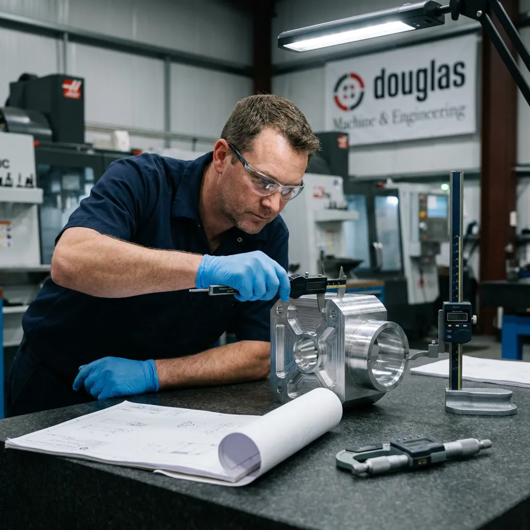 Technician measuring a machined component during inspection