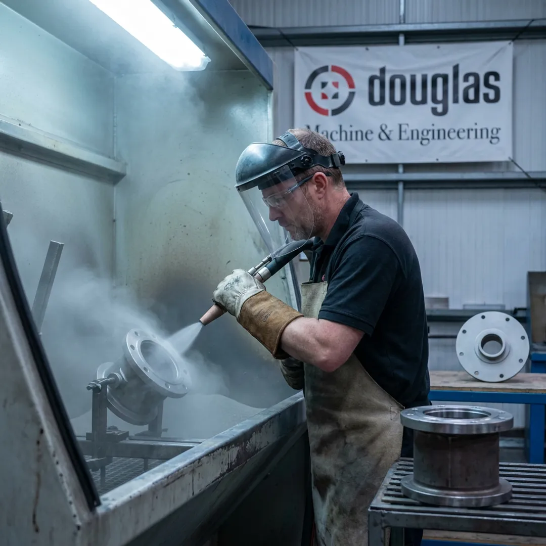 Technician preparing metal parts for powder coating