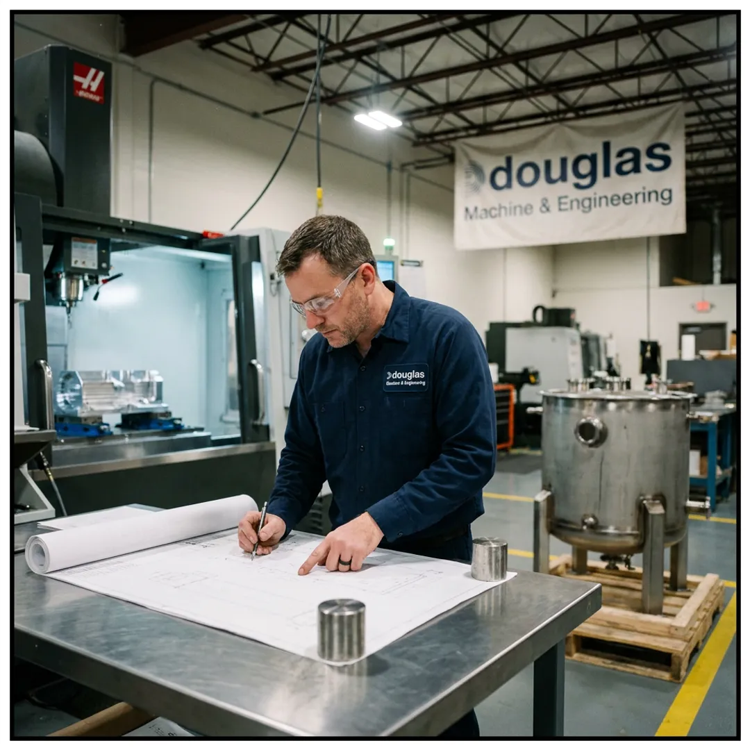 Engineer reviewing fabrication plans beside CNC equipment