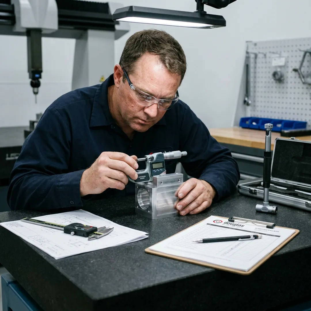 Precision machined parts undergoing inspection