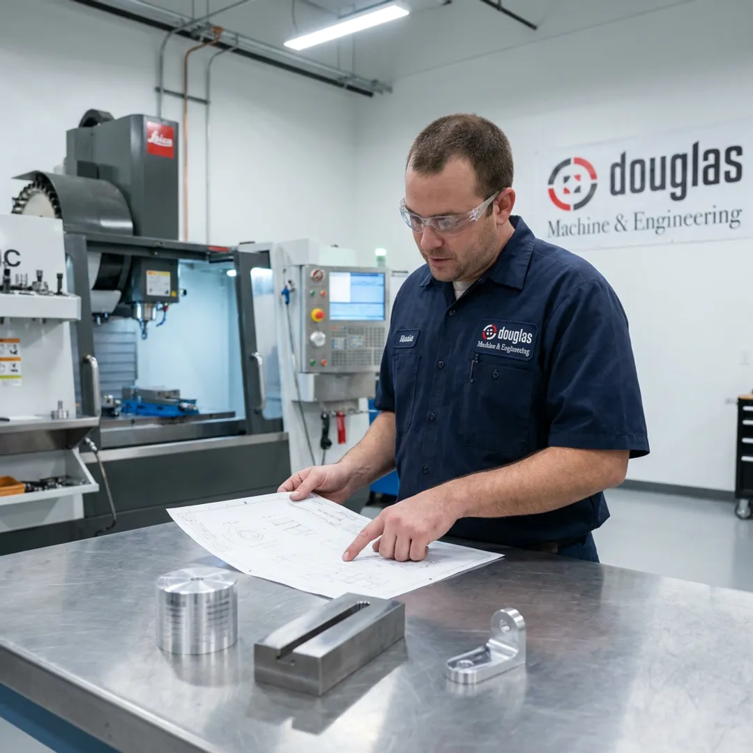Engineer reviewing CNC drawings with machinist
