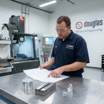 Engineer reviewing CNC drawings with machinist