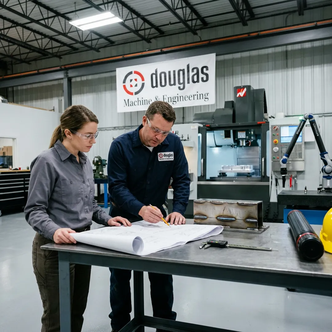 Fabrication team reviewing drawings beside machined parts