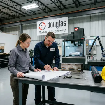 Fabrication team reviewing drawings beside machined parts