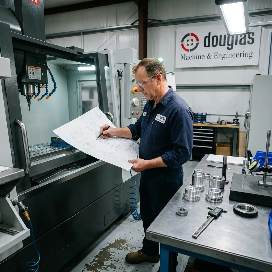 Engineer reviewing fabrication process with CNC equipment