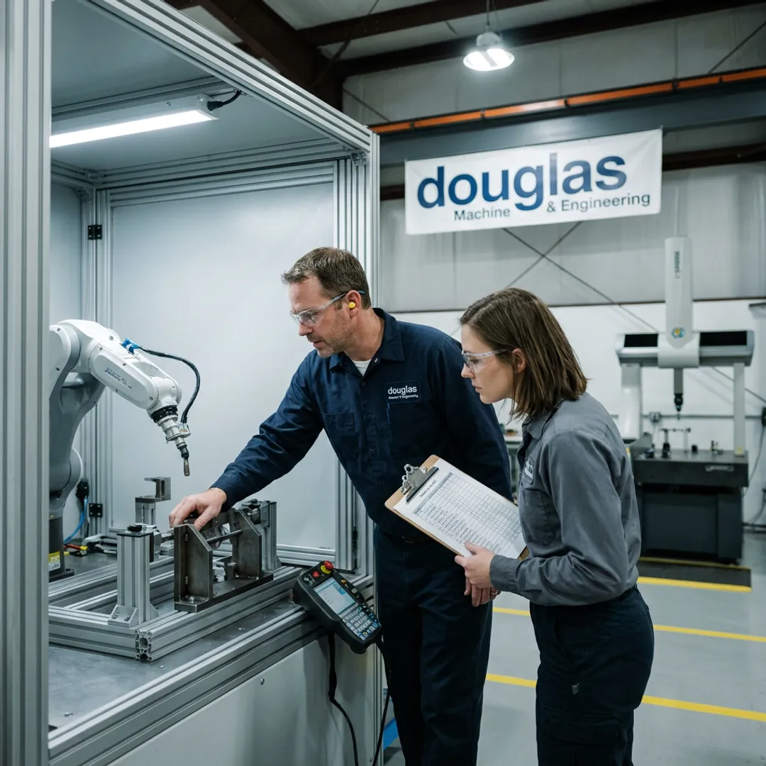 Technicians testing a robotic automation cell