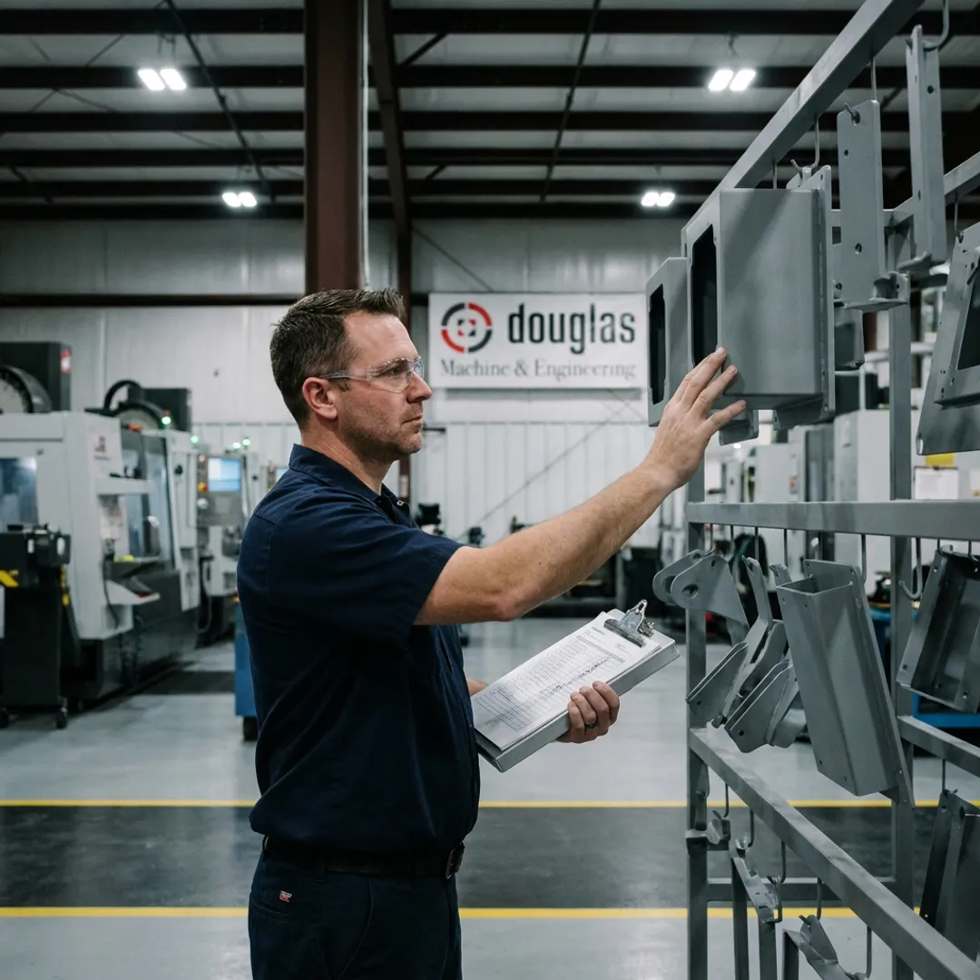 Powder coated metal parts being inspected