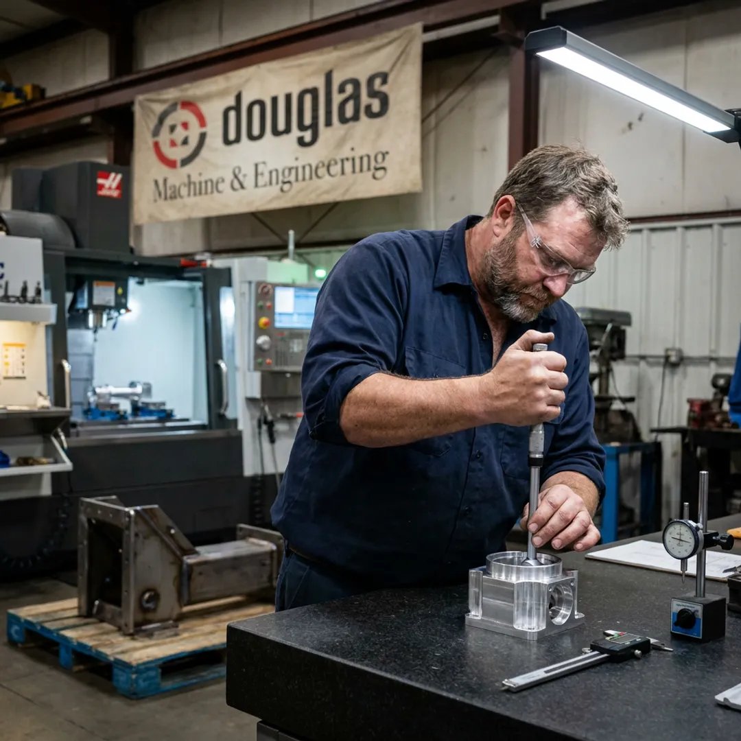 Technician inspecting machined metal component
