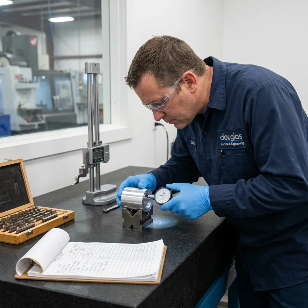 Inspector measuring a precision metal part during quality verification