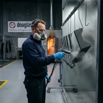 Powder coated metal parts in an industrial finishing shop