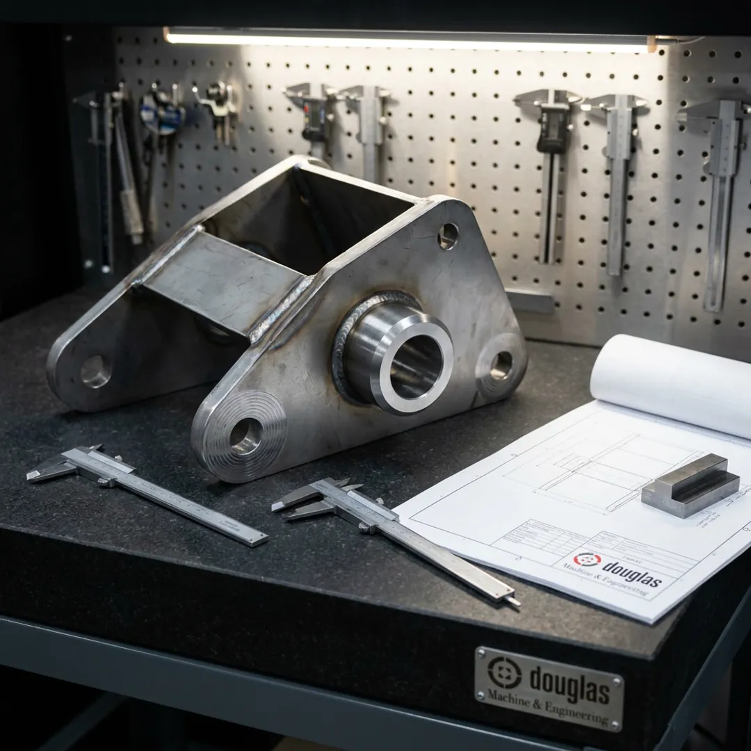 Machined metal component being inspected after fabrication