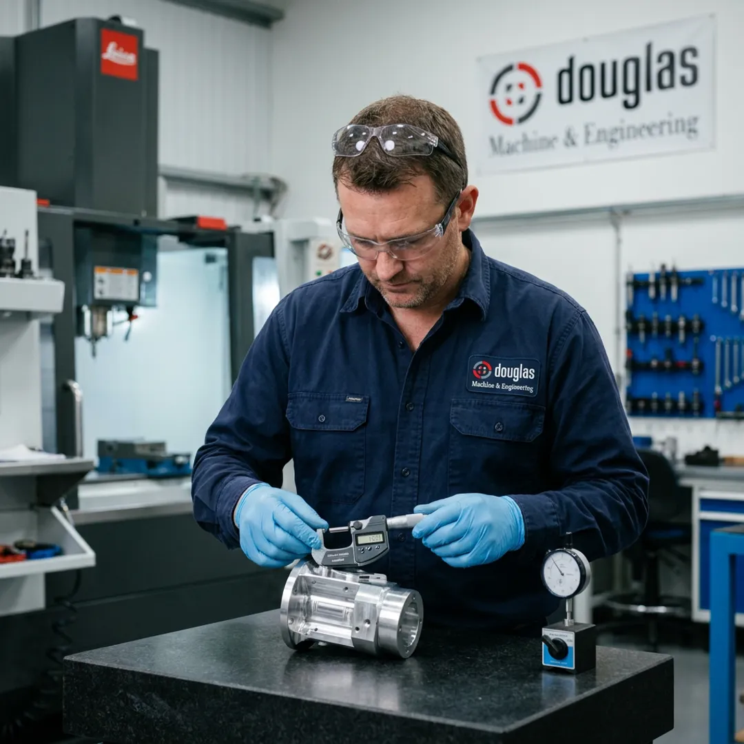 Technician inspecting machined metal component