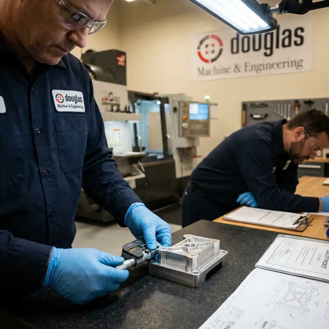 Machinist inspecting aerospace CNC part