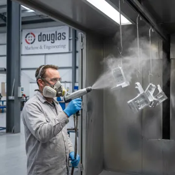 Powder coated aluminum parts in an industrial finishing shop
