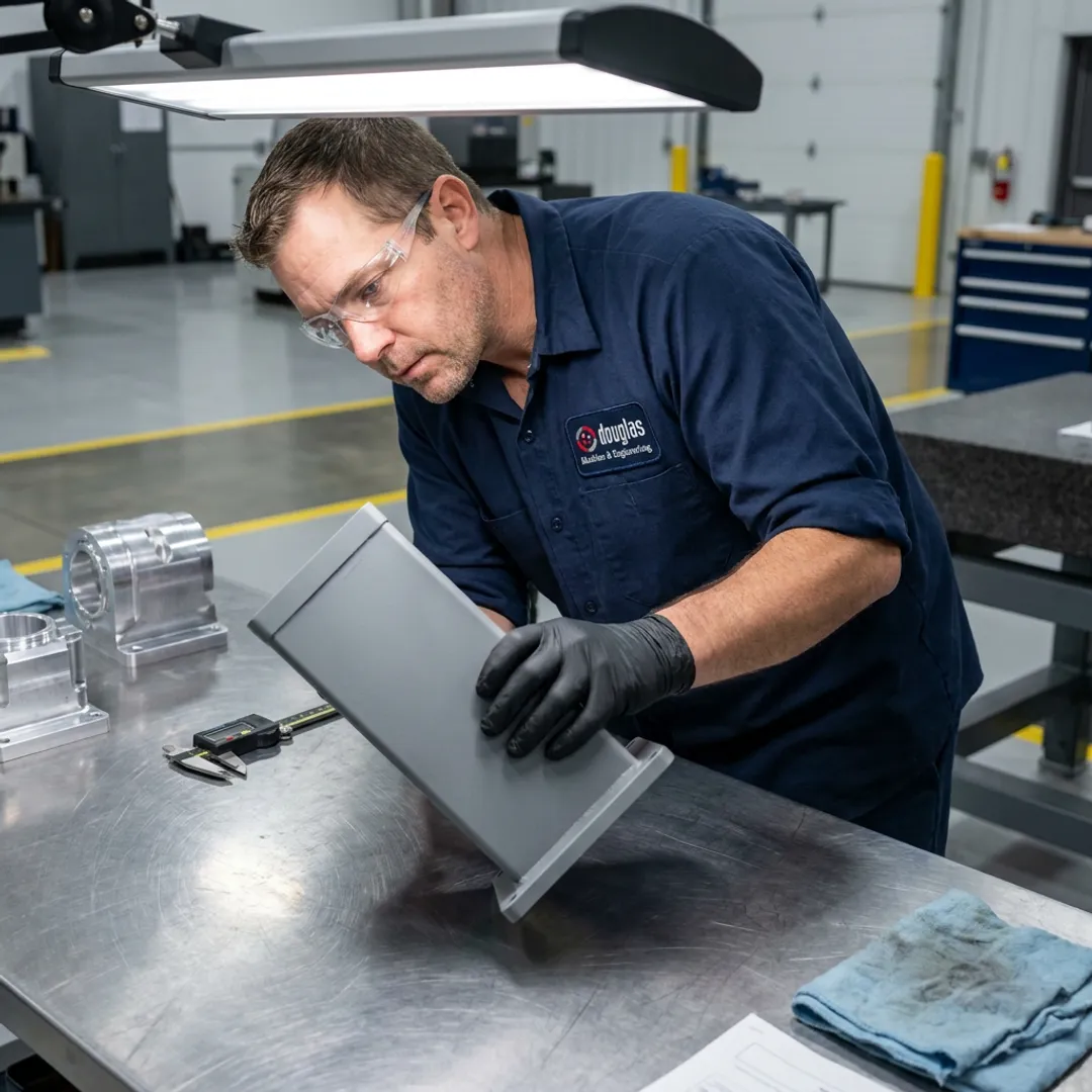 Technician inspecting powder coated aluminum component