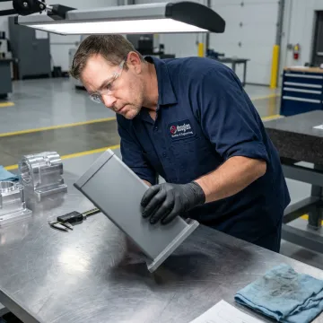 Technician inspecting powder coated aluminum component