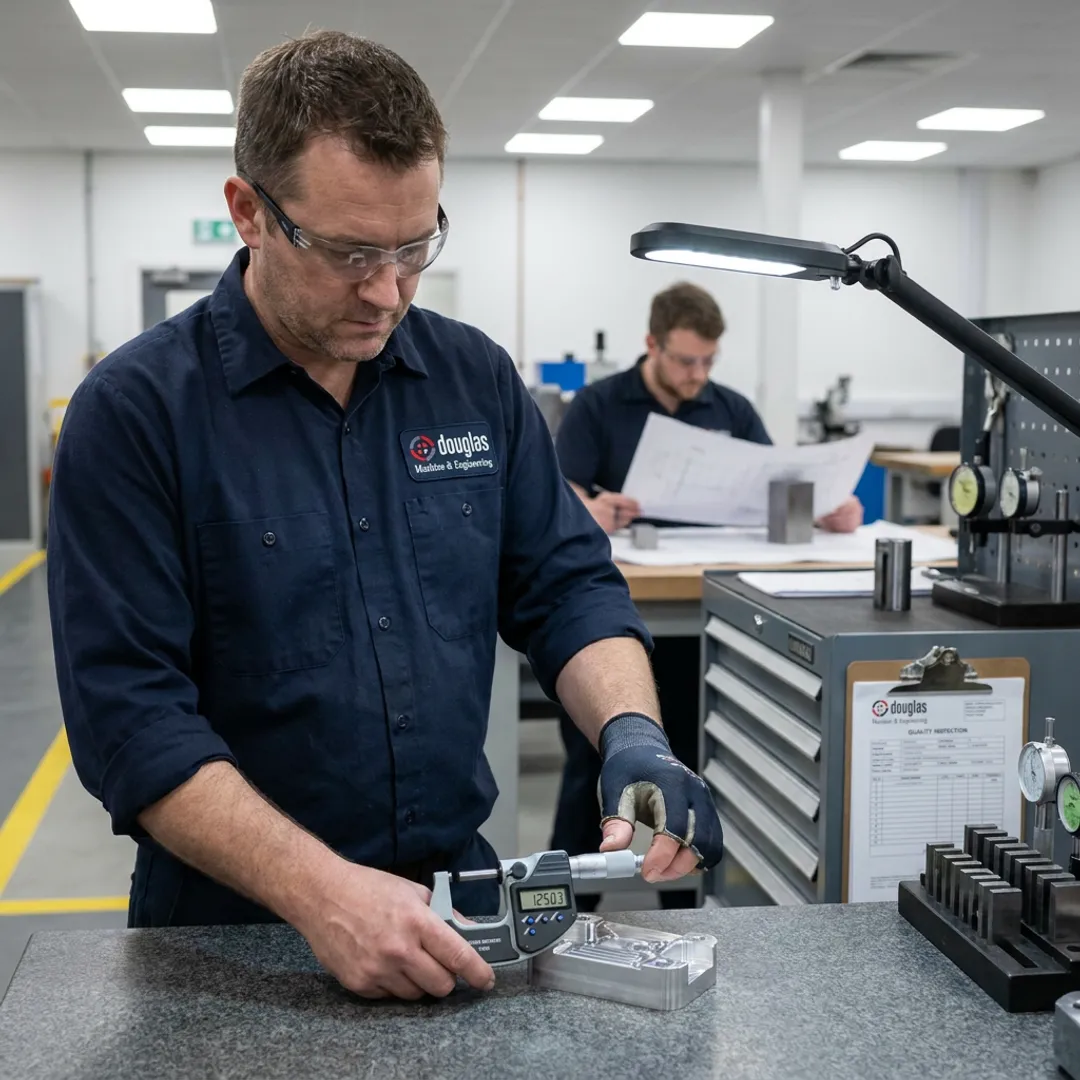 CNC machinist inspecting a precision metal component