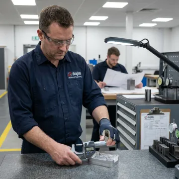 CNC machinist inspecting a precision metal component