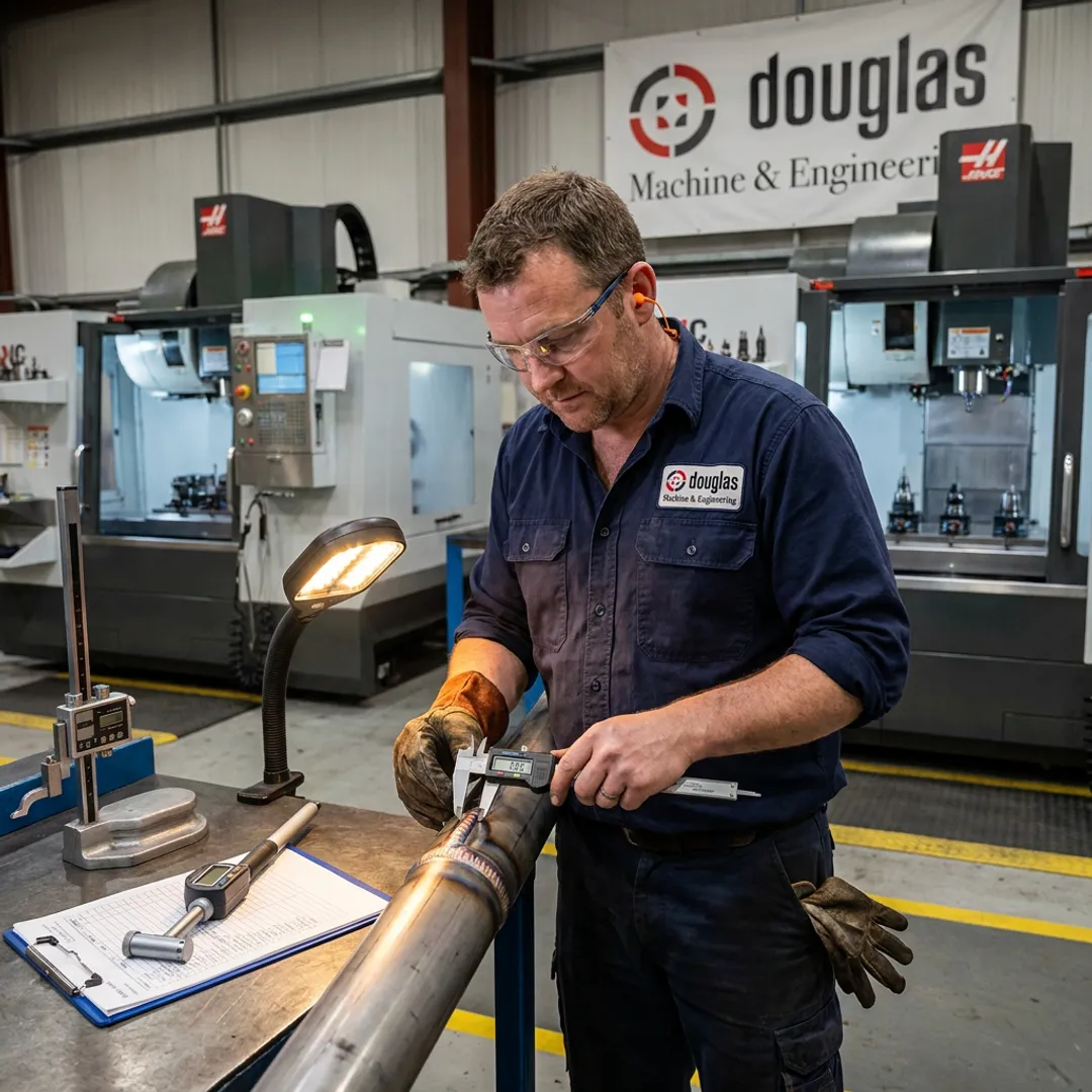 Technician inspecting welded tube assembly