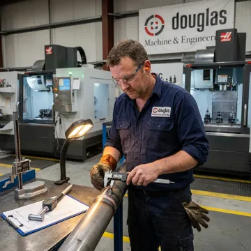 Technician inspecting welded tube assembly