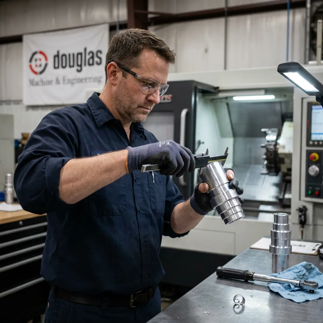 Machinist inspecting a custom metal part