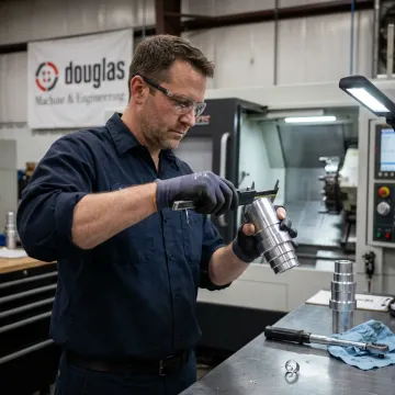 Machinist inspecting a custom metal part
