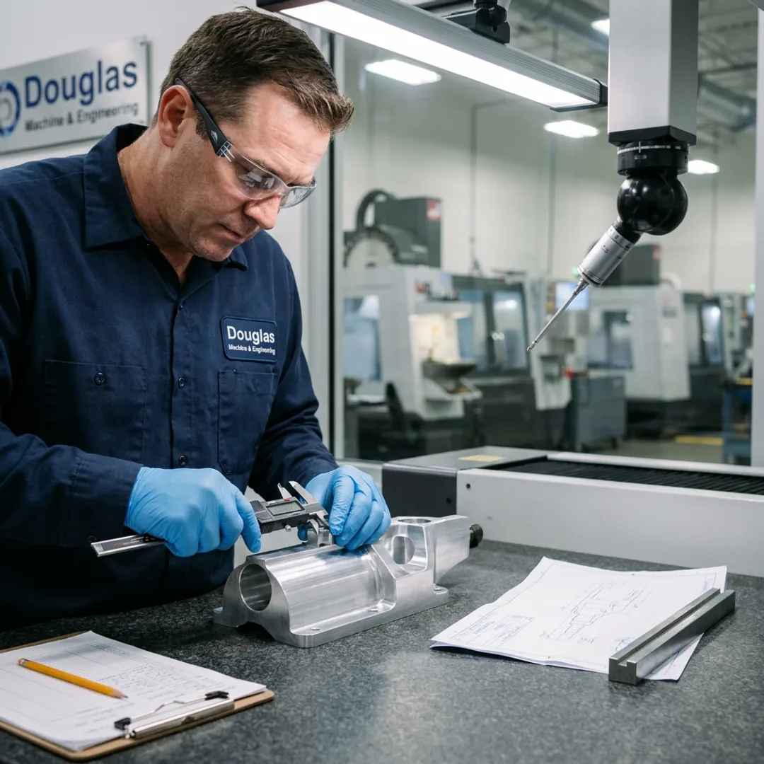 Technician inspecting aerospace machined part