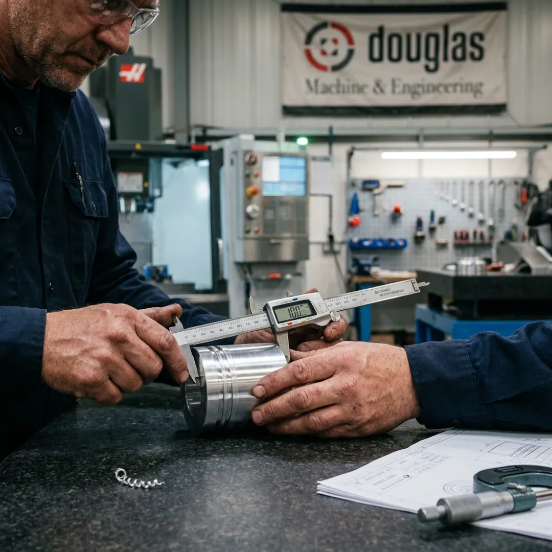 Machinist inspecting a finished CNC part