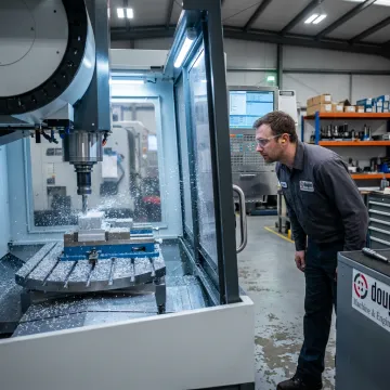 CNC milling machine cutting a metal component