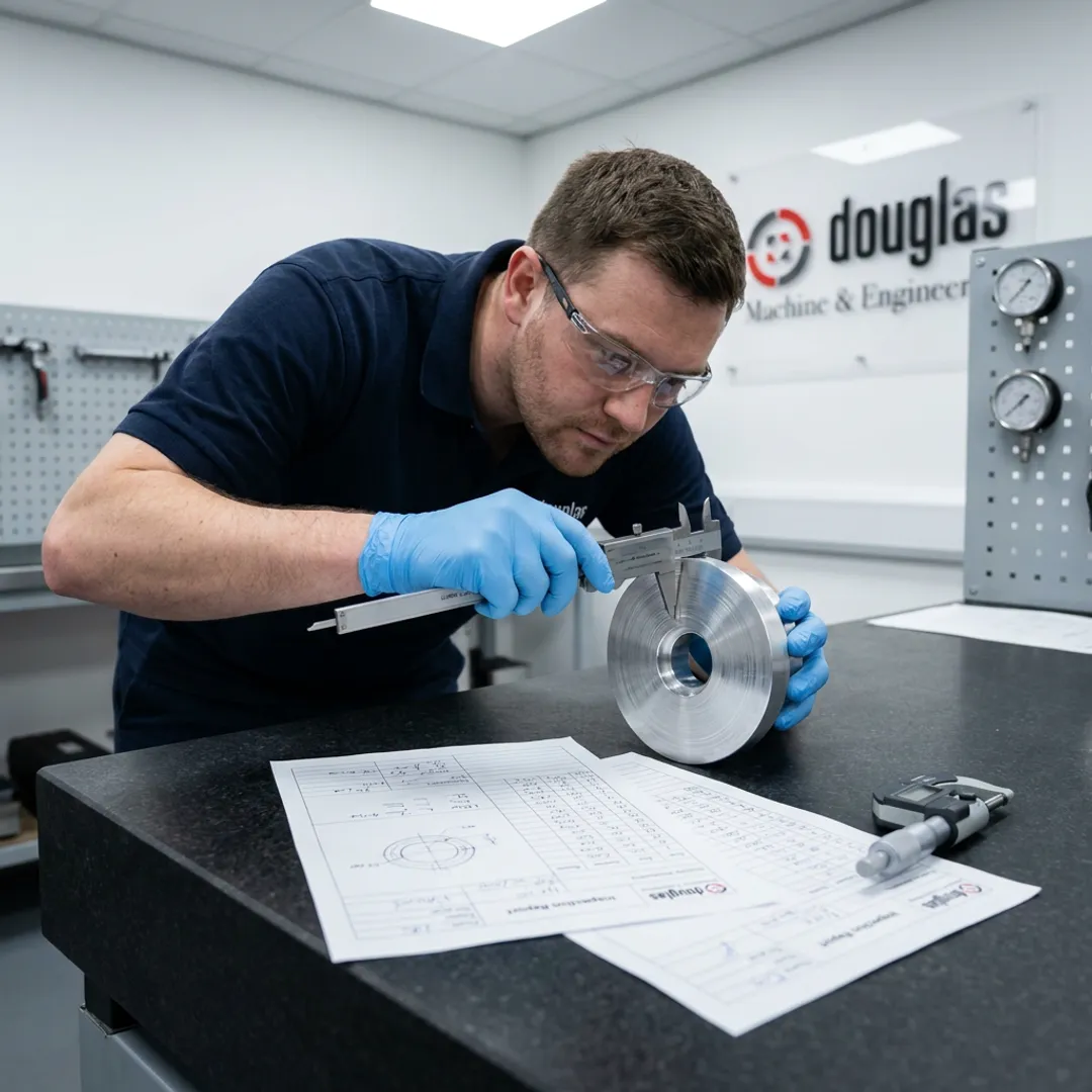 Technician inspecting a machined metal component