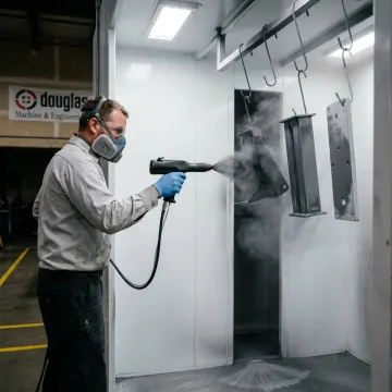 Powder coating applied to metal parts in an industrial finishing shop