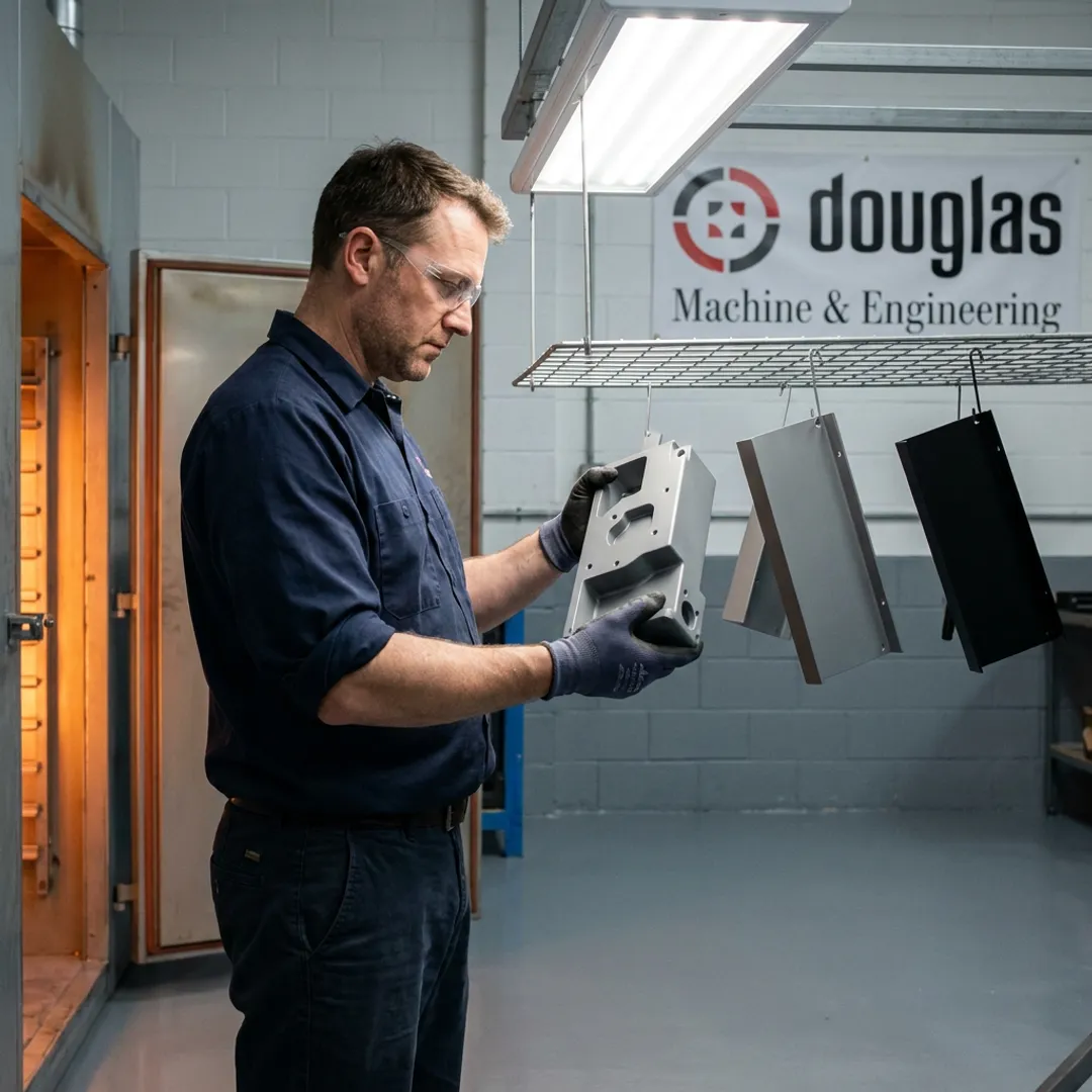 Technician inspecting powder coated metal components