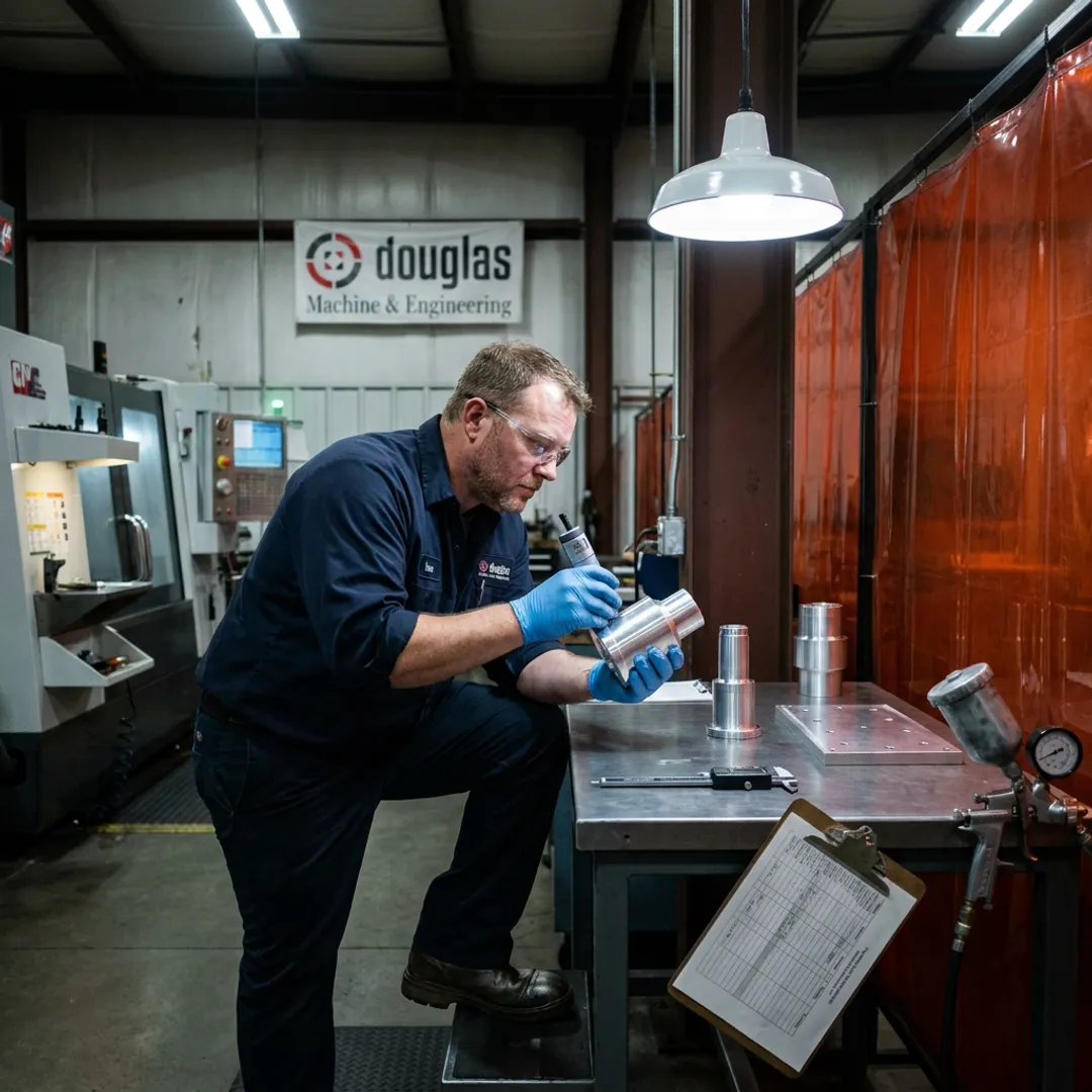 Technician inspecting coated metal components