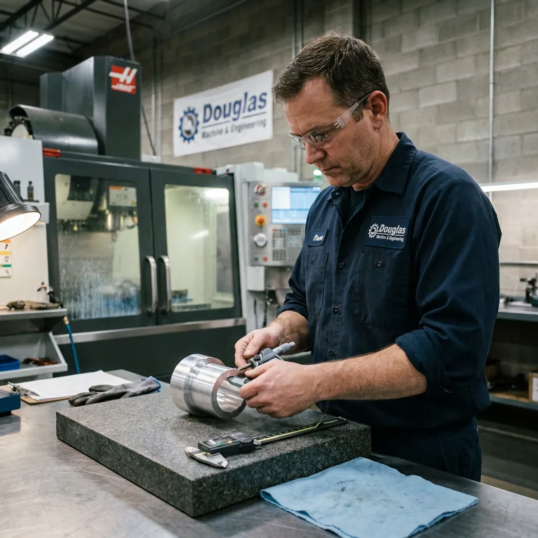 Machinist inspecting a finished CNC part