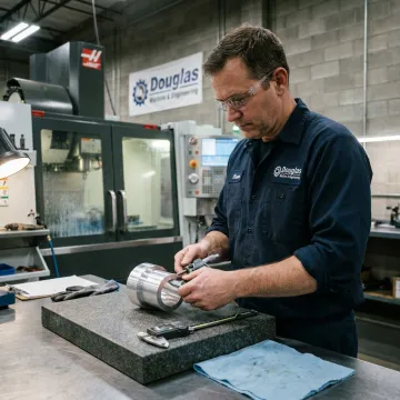 Machinist inspecting a finished CNC part