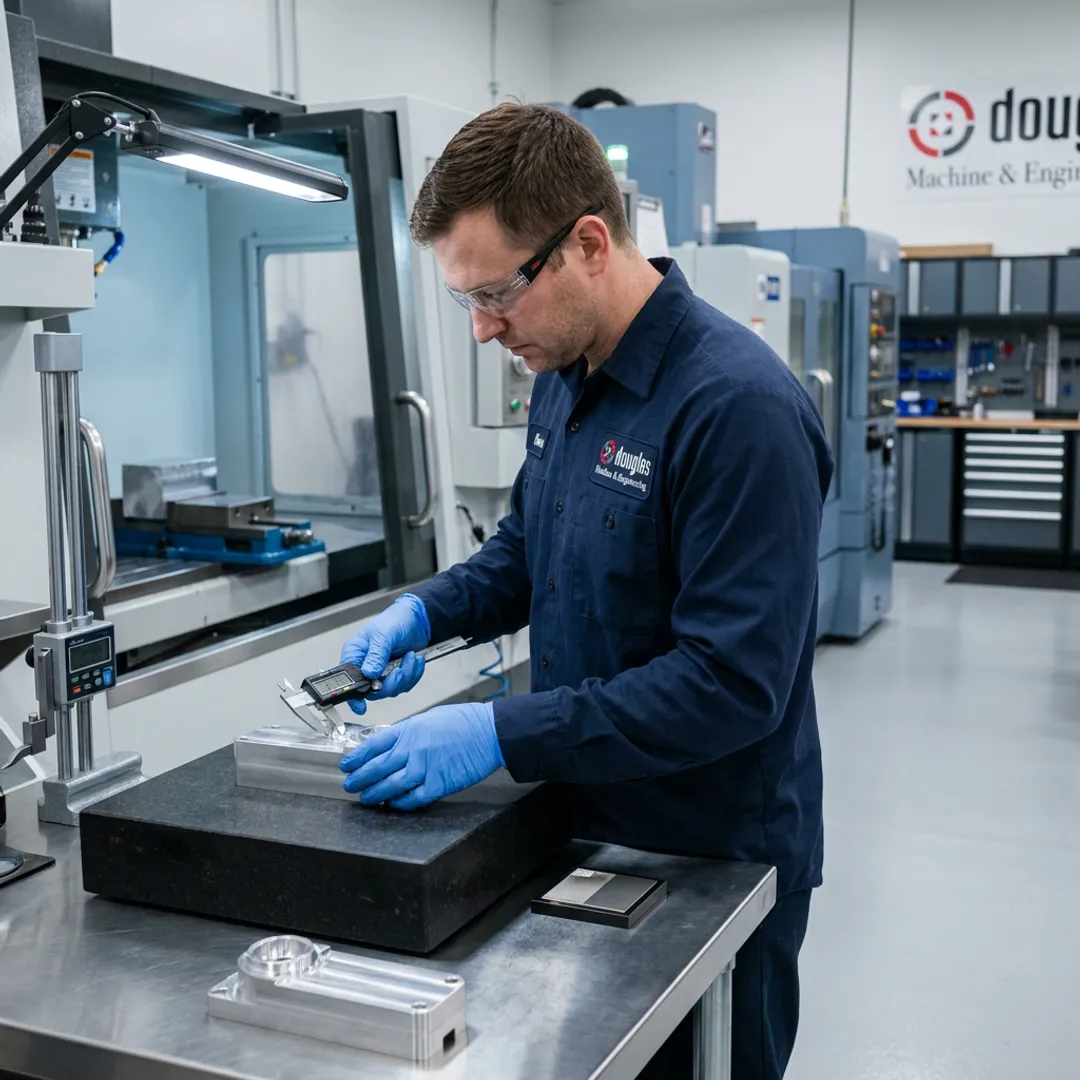 Technician inspecting machined metal component