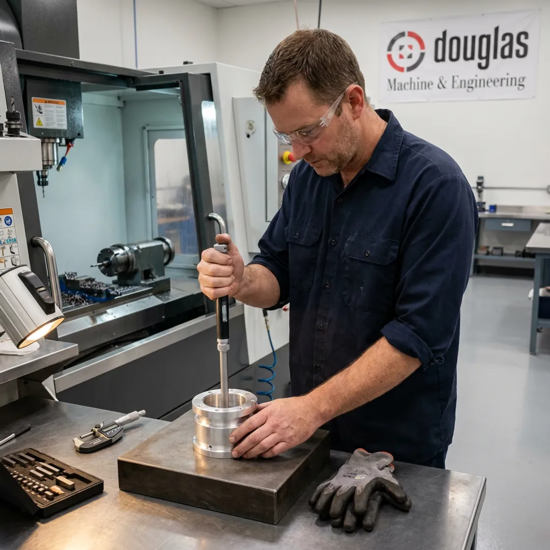 Machinist inspecting a precision CNC component