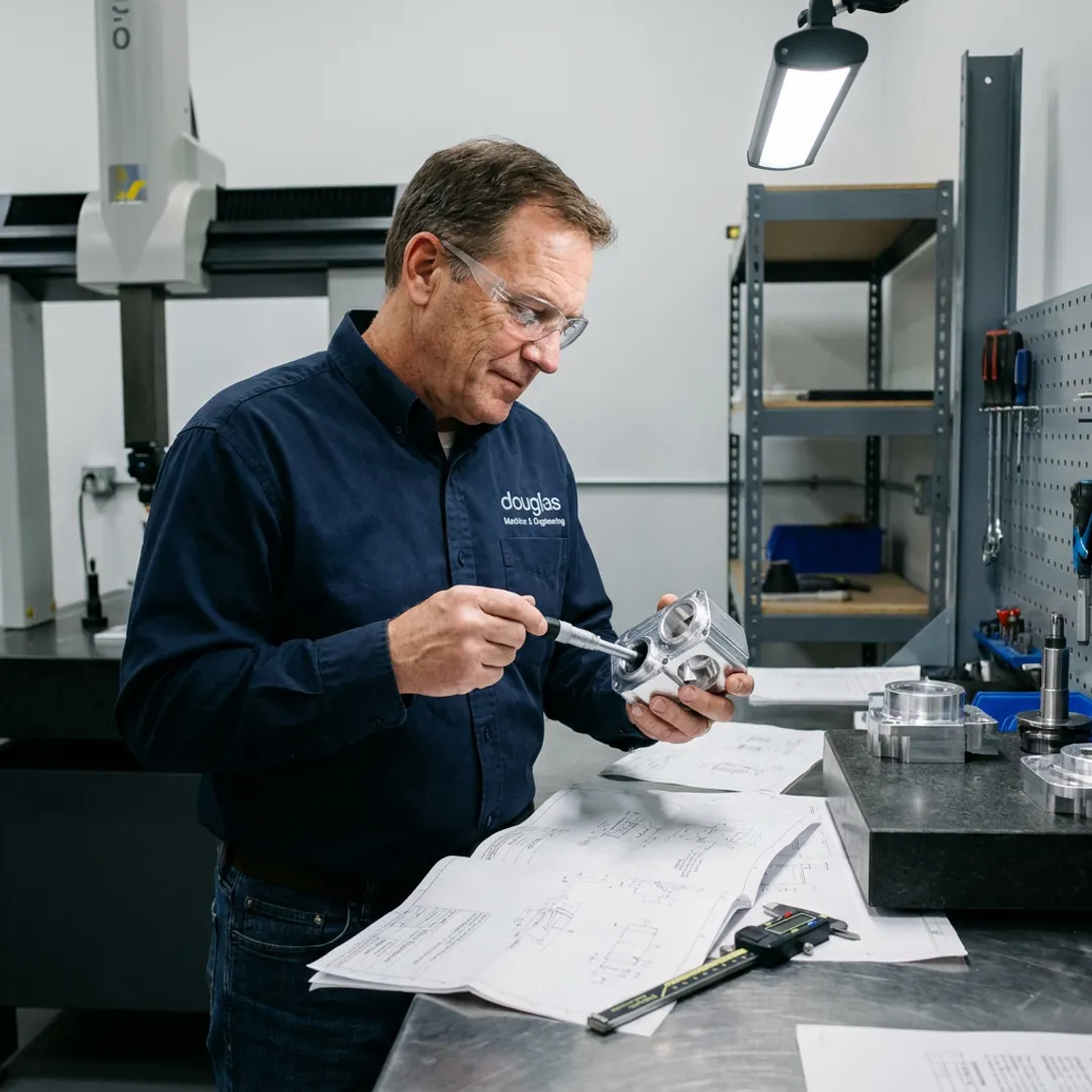 Technician inspecting CNC machined part