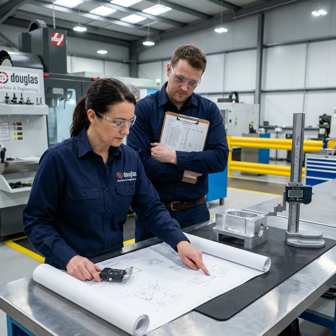 Manufacturing team reviewing drawings during production planning