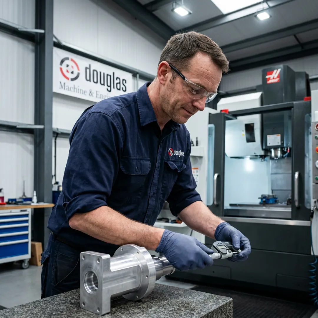 Engineer inspecting machined component