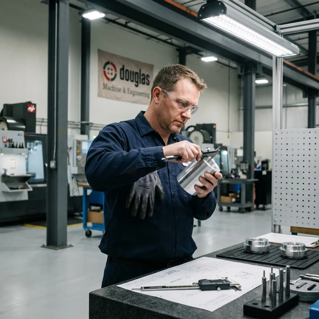 CNC machinist inspecting production components