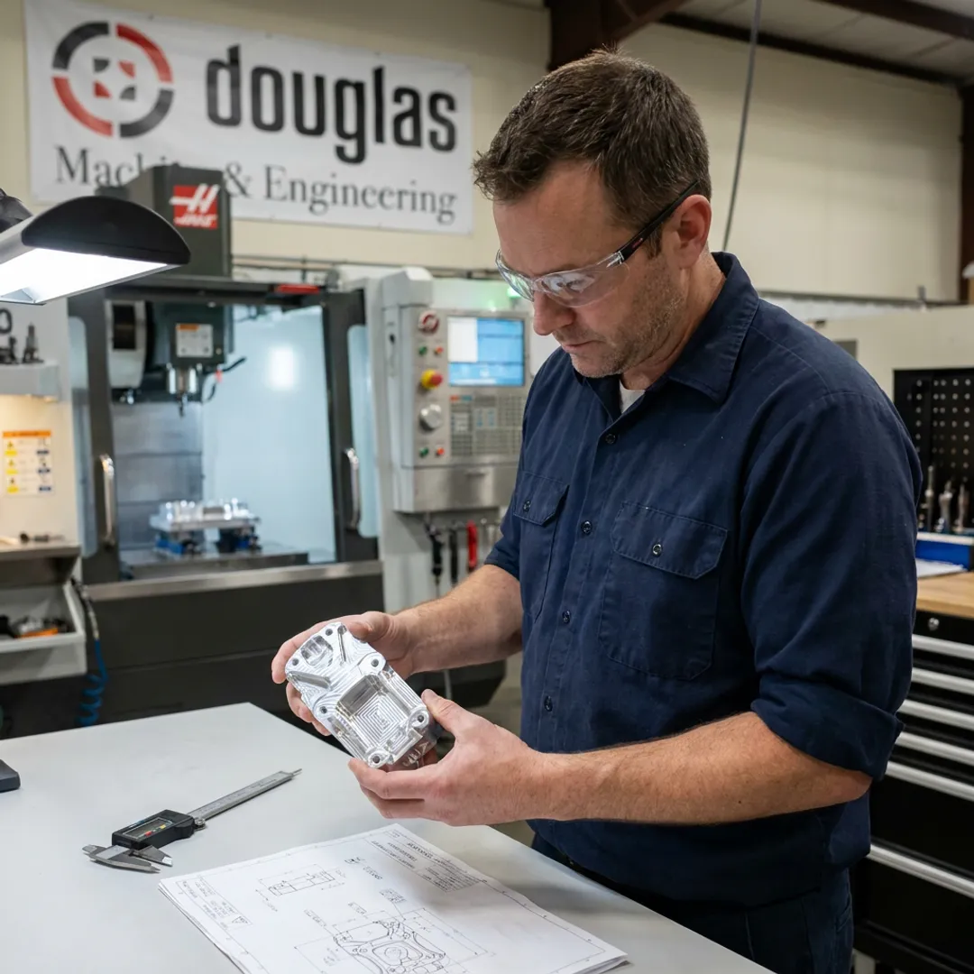 Engineer inspecting CNC machined metal part