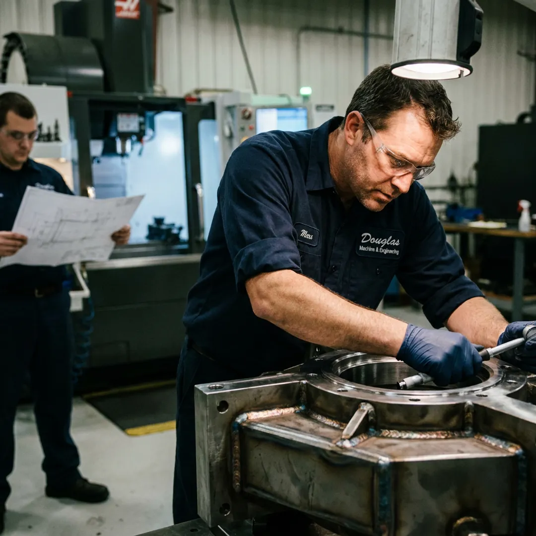 Machinist inspecting a fabricated metal component