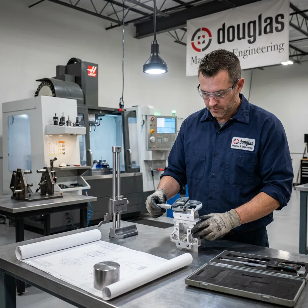 Machinist inspecting fabricated metal assembly