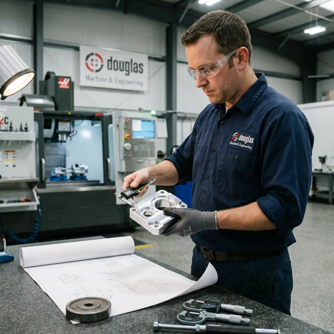 Engineer reviewing machined component