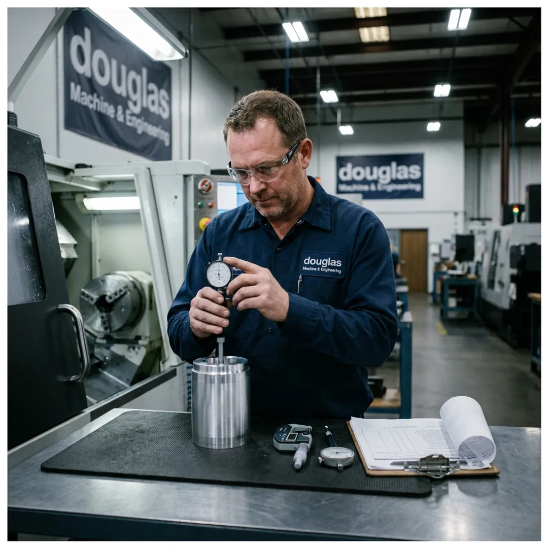 Machinist inspecting finished metal part